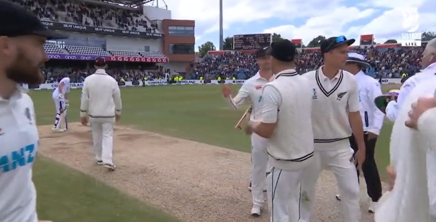 Joe Root hands over a stump to Daryl Mitchell after England’s whitewash over New Zealand