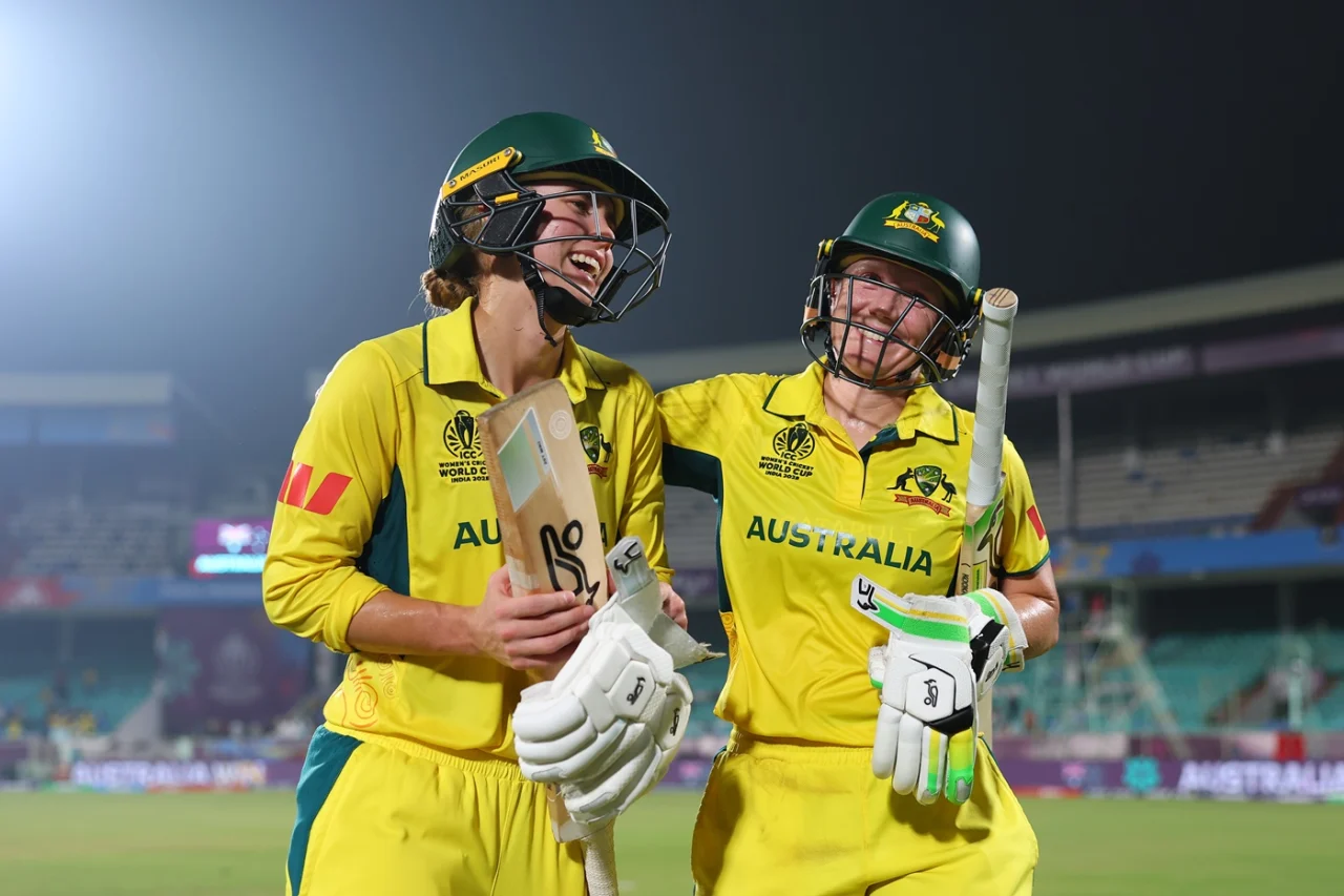 Alyssa Healy and Phoebe Litchfield celebrate after winning game for Australia Women against Bangladesh Women