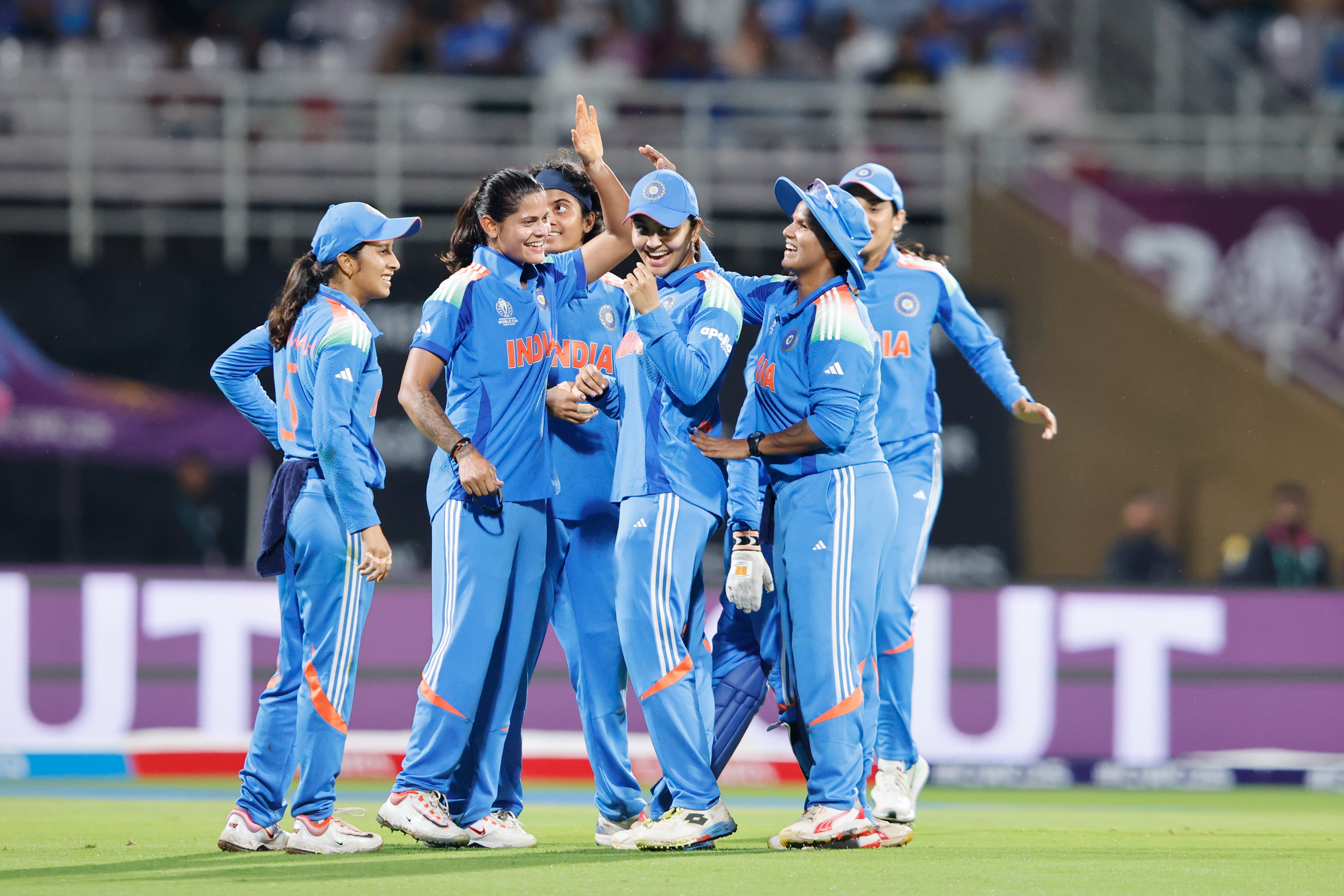 The Indian Women's team celebrate a dismissal against Bangaldesh in the ODI World Cup 2025 in navi Mumbai