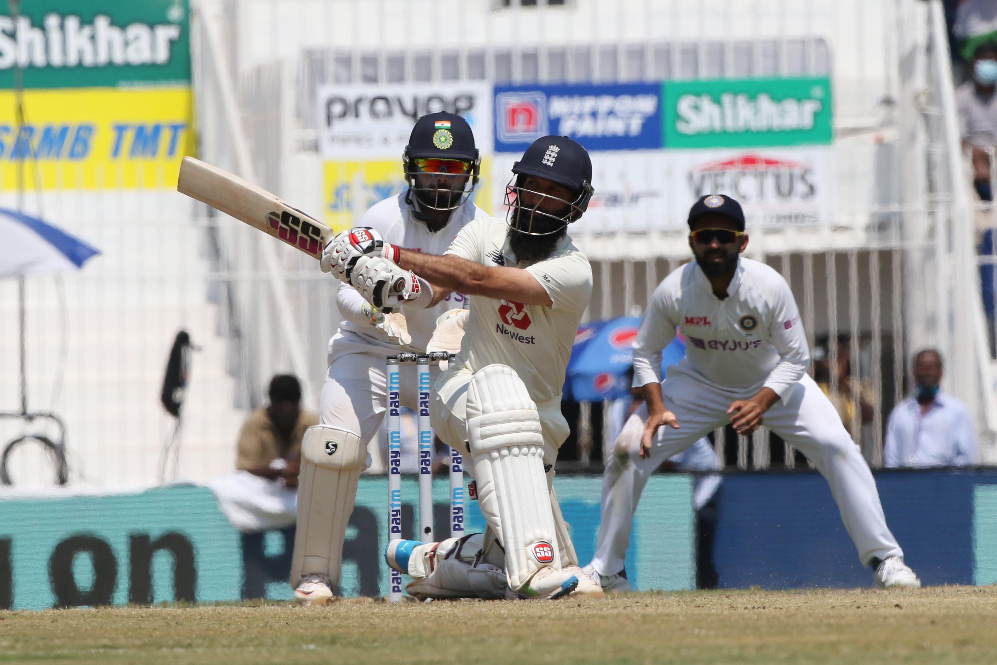 England all-rounder Moeen Ali batting in a Test match against India 