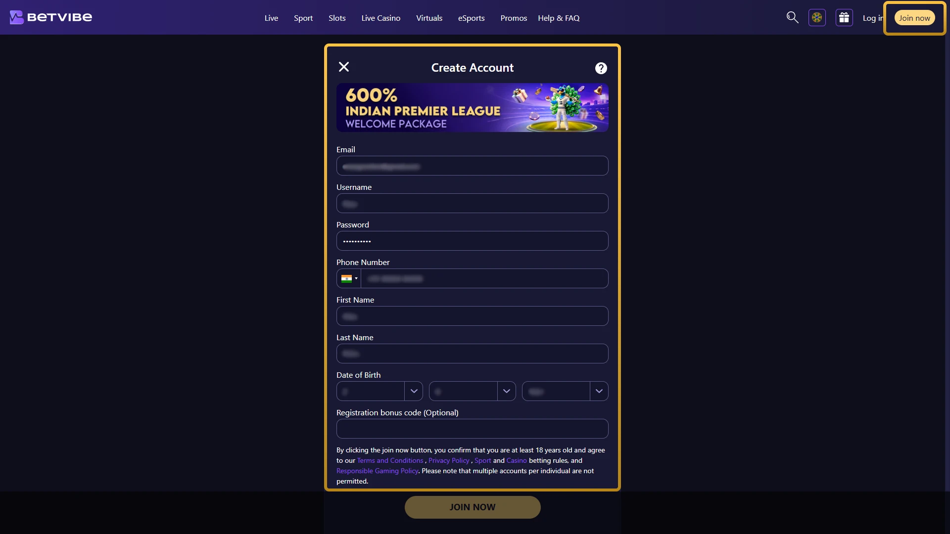 Registration Windows on BetVibe Platform.