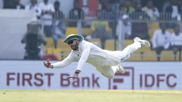 Aiden Markram hung in the air to take a ripper for South Africa against India in the second Test in Guwahati