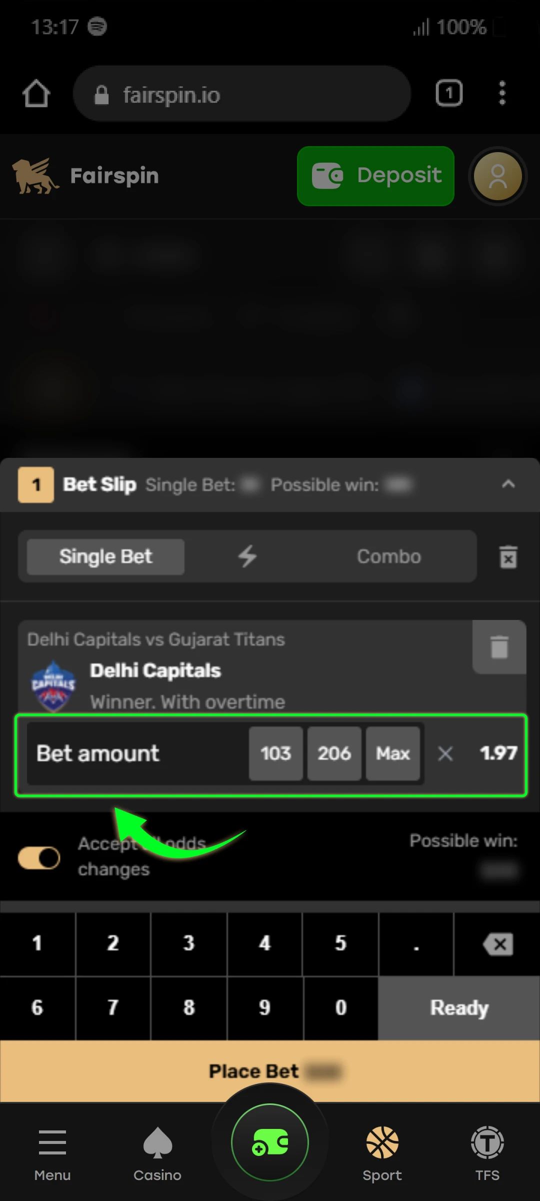 Enter the amount to bet and confirm.
