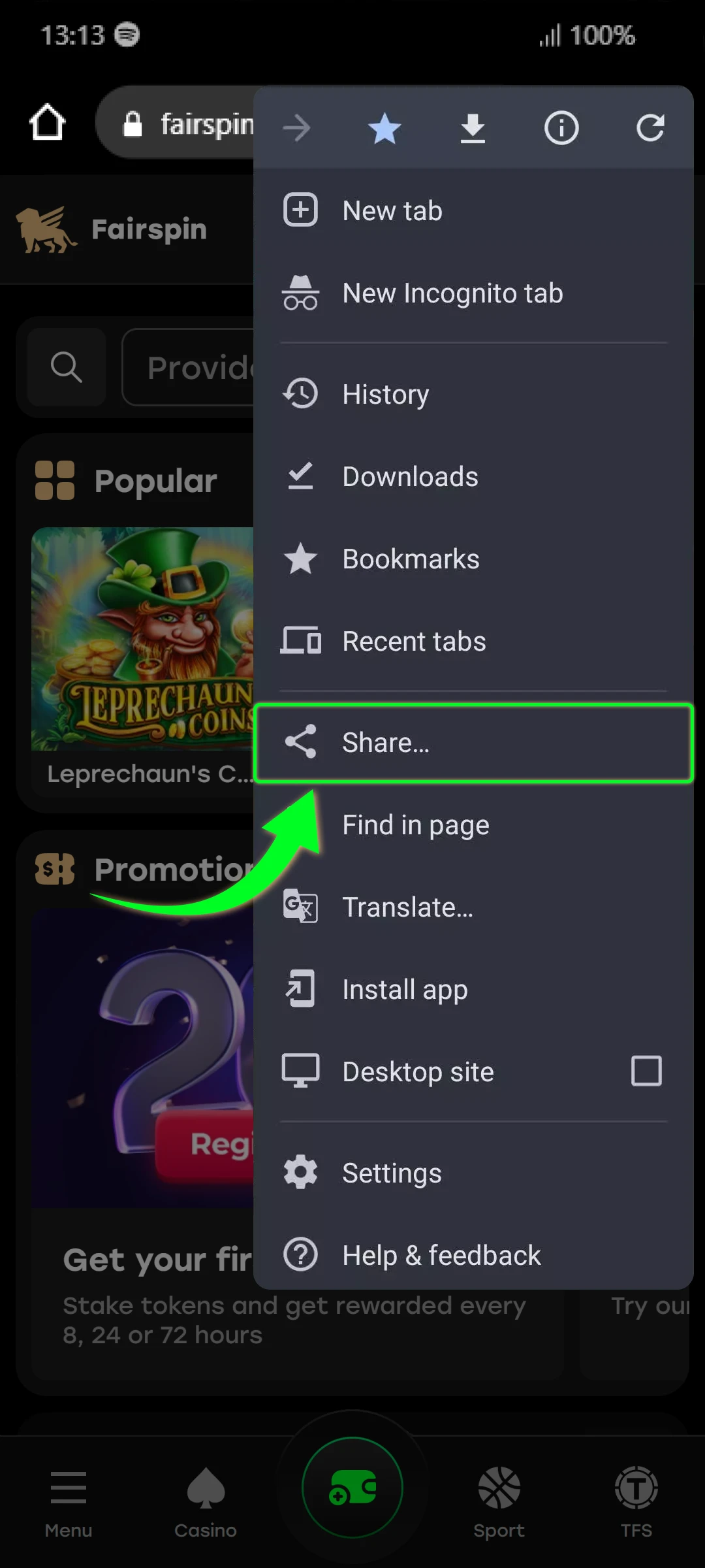 Tap on the “Share” option in your browser.