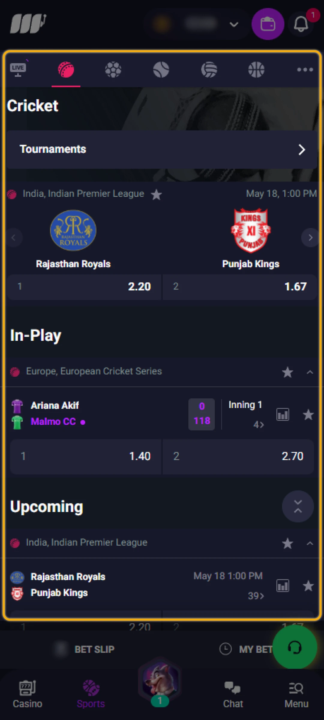 Browse through sports or events to choose what to bet on.