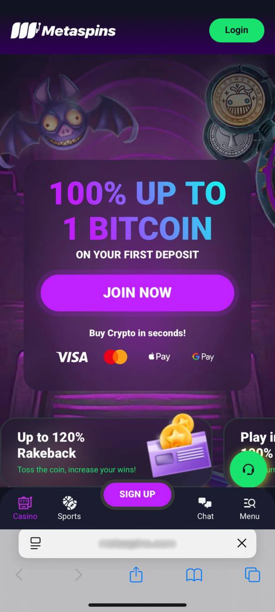 Open the browser on the mobile device and visit the Metaspins download site.